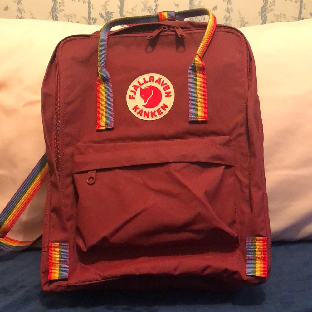 Red Fjällraven Kaken backpack in Red with Rainbow stripe.